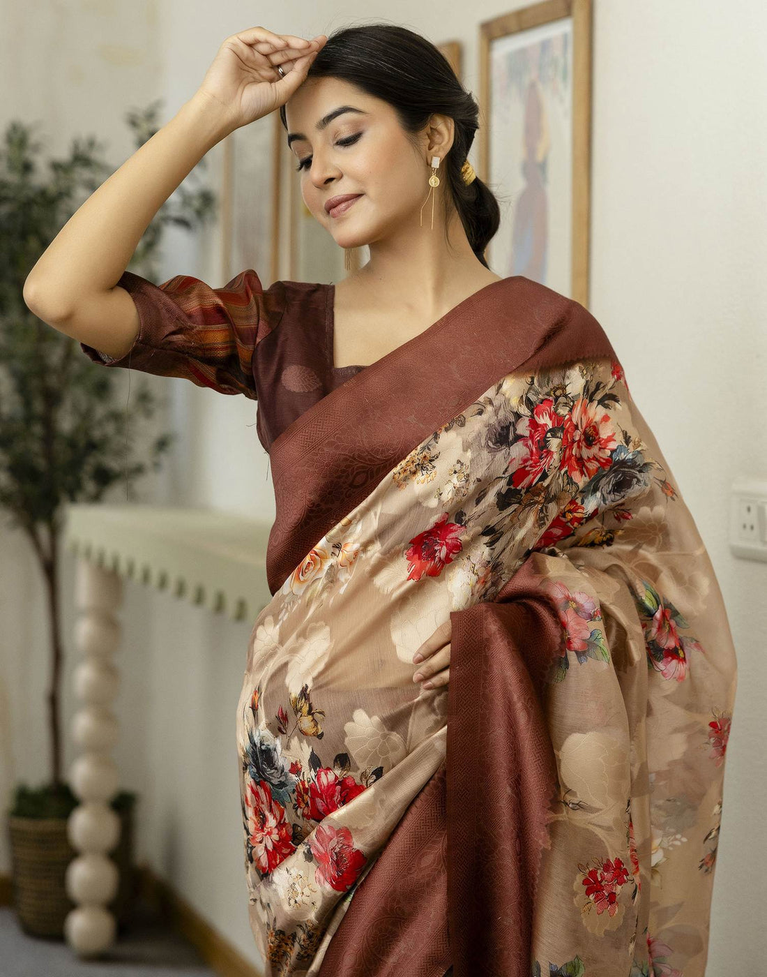 Beige Chanderi Floral Printed Saree