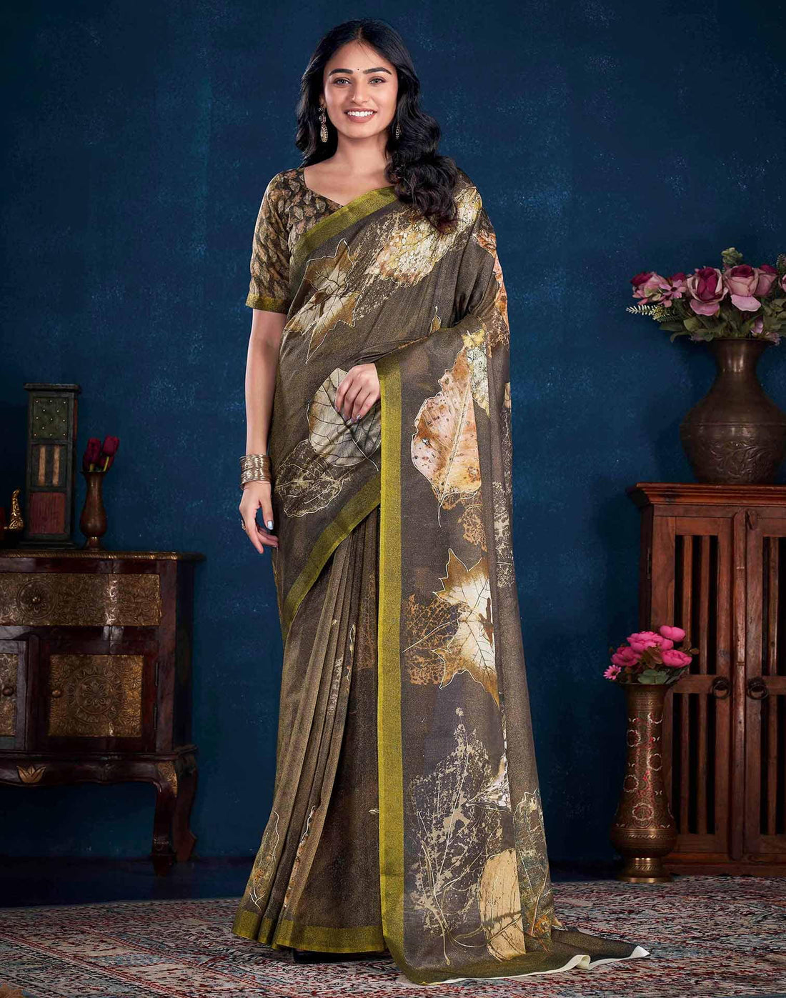 Coffee Brown Shimmer Printed Saree