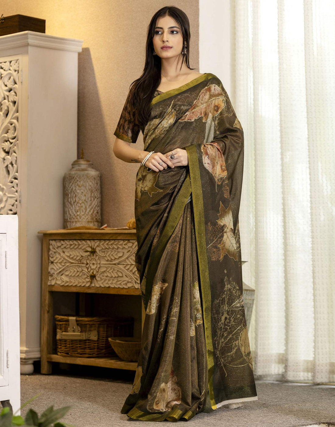 Coffee Brown Shimmer Printed Saree