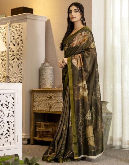 Coffee Brown Shimmer Printed Saree