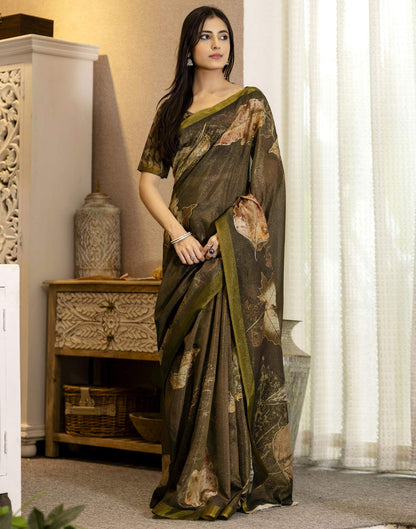 Coffee Brown Shimmer Printed Saree
