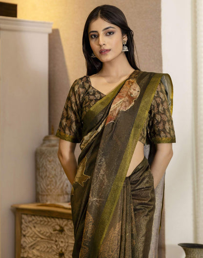 Coffee Brown Shimmer Printed Saree