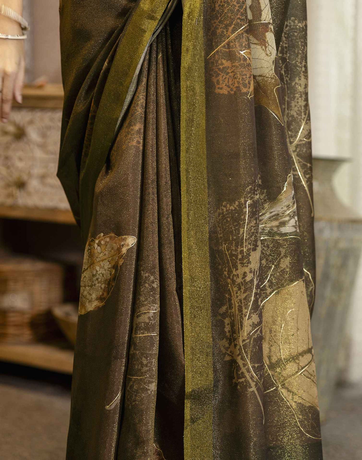 Coffee Brown Shimmer Printed Saree