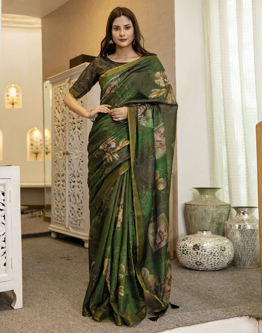 Dark Green Shimmer Printed Saree