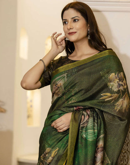 Dark Green Shimmer Printed Saree