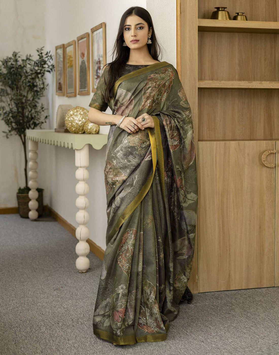 Dusty Olive Green Shimmer Printed Saree