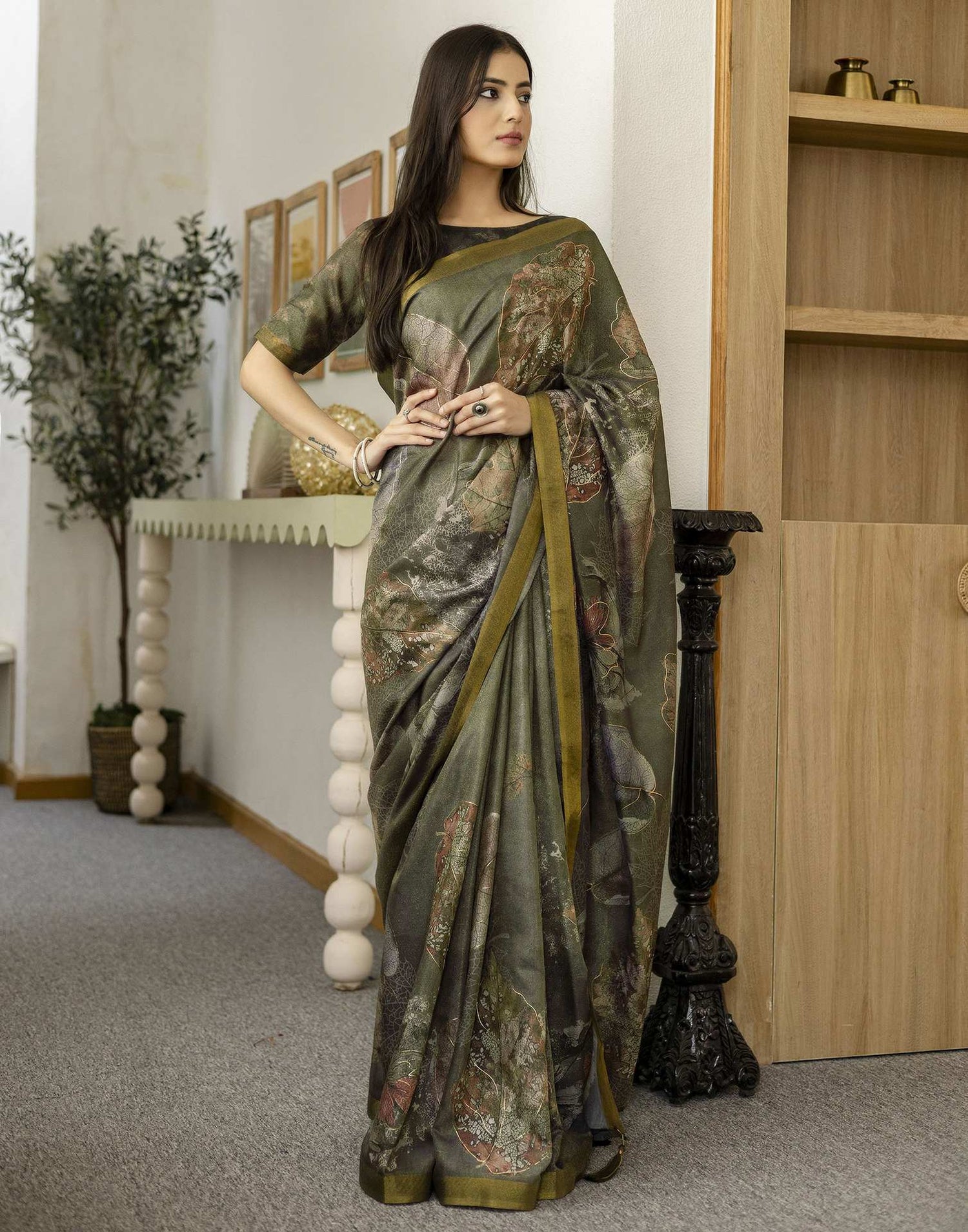Dusty Olive Green Shimmer Printed Saree