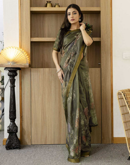 Dusty Olive Green Shimmer Printed Saree