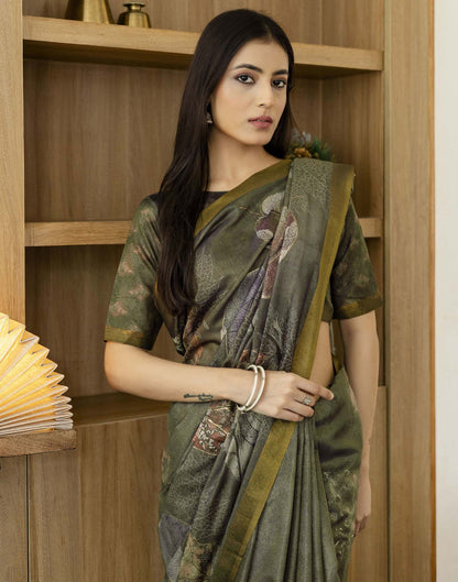 Dusty Olive Green Shimmer Printed Saree