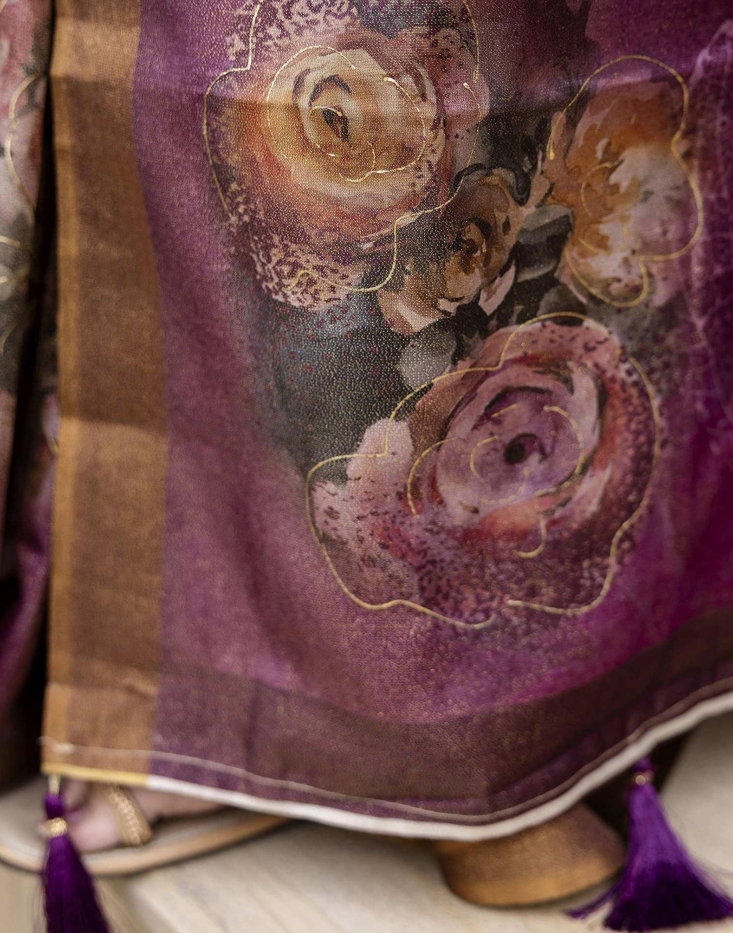 Dusty Wine Shimmer Floral Printed Saree