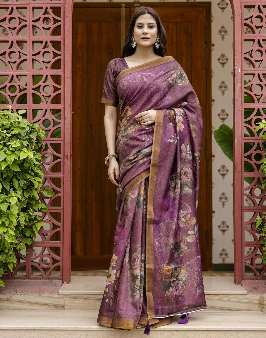 Dusty Wine Shimmer Floral Printed Saree