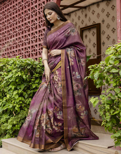 Dusty Wine Shimmer Floral Printed Saree