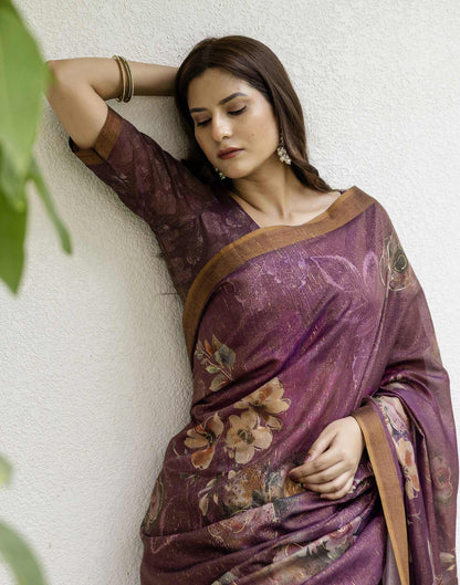 Dusty Wine Shimmer Floral Printed Saree