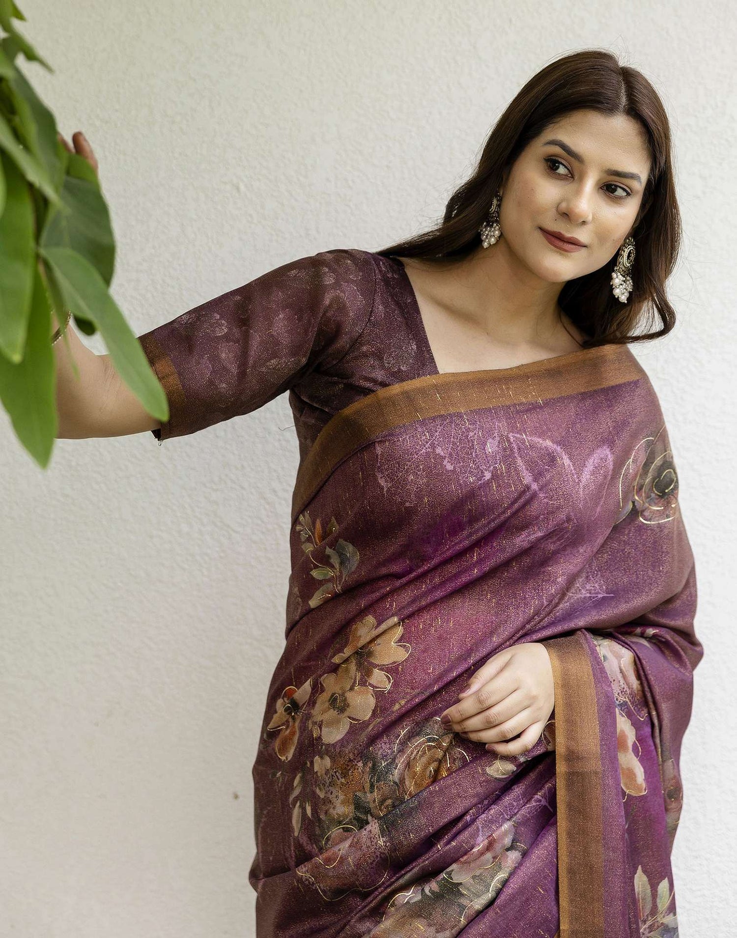 Dusty Wine Shimmer Floral Printed Saree