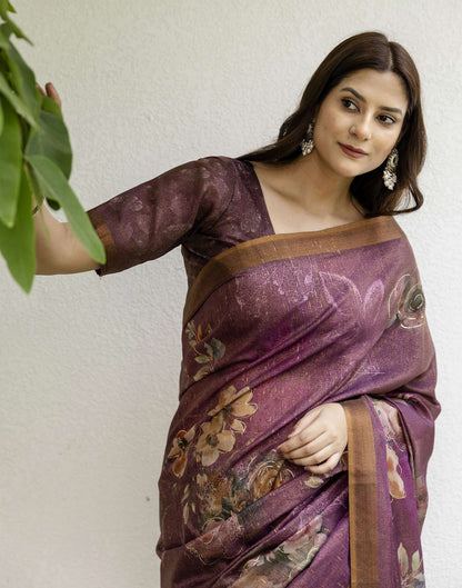 Dusty Wine Shimmer Floral Printed Saree