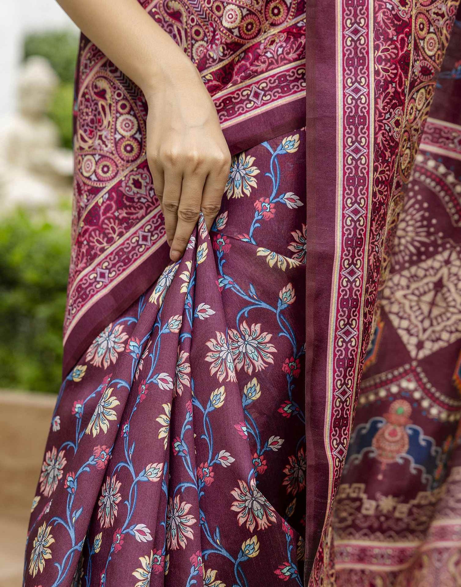 Dark Wine Silk Floral Printed Saree
