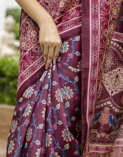 Dark Wine Silk Floral Printed Saree