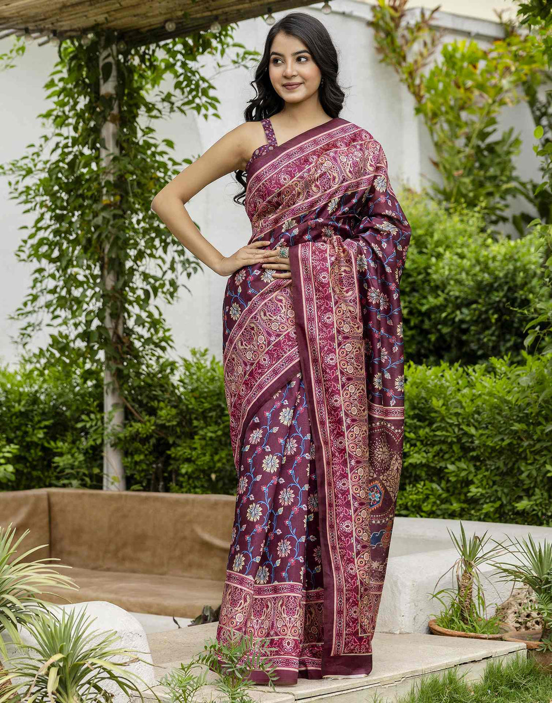 Dark Wine Silk Floral Printed Saree