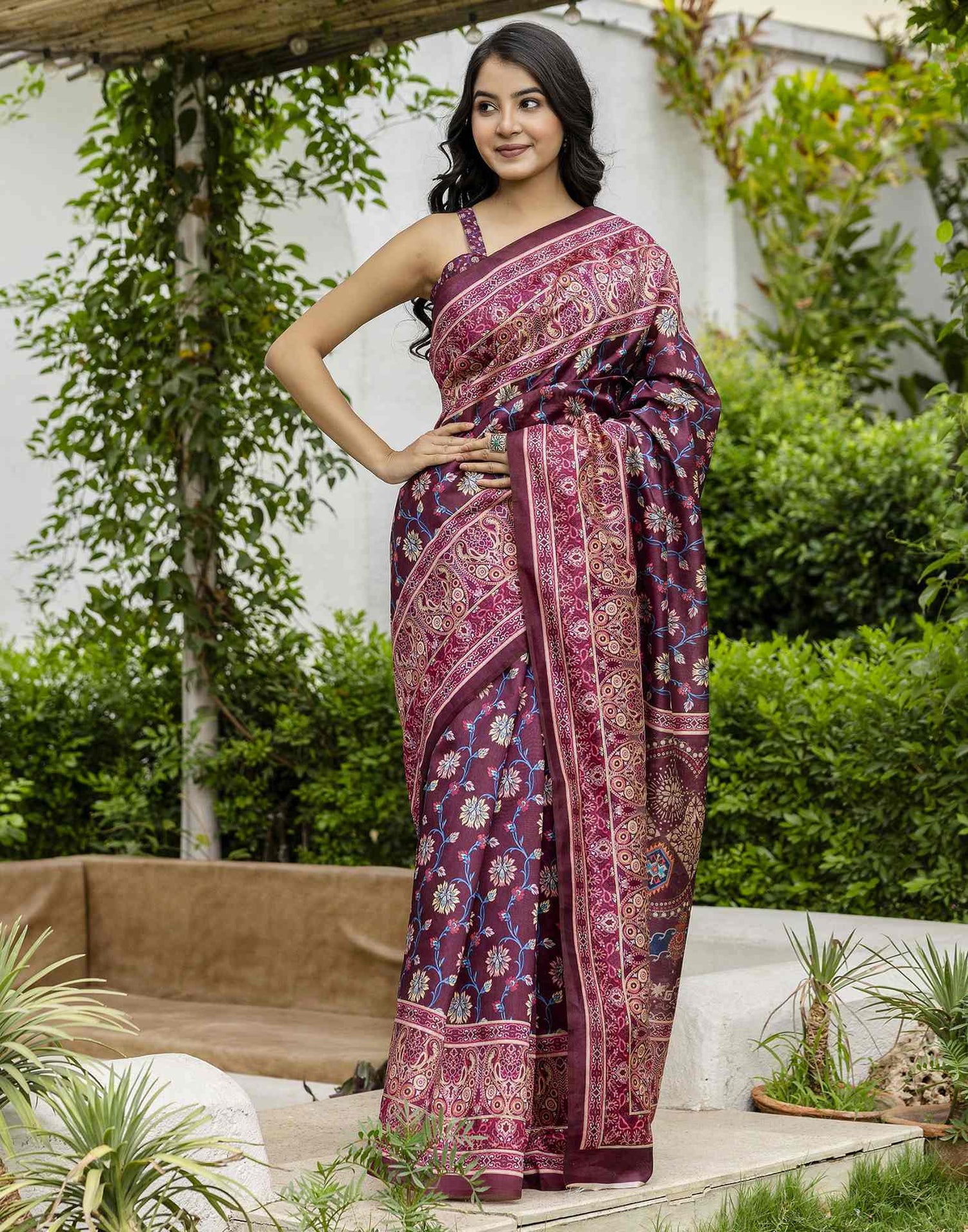 Dark Wine Silk Floral Printed Saree