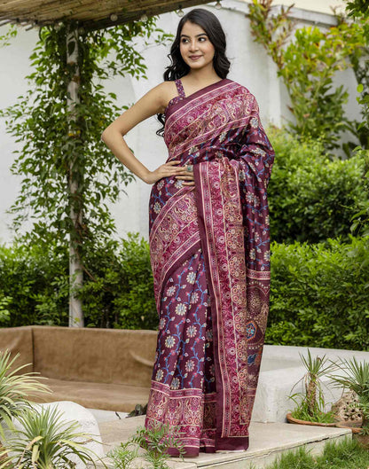 Dark Wine Silk Floral Printed Saree