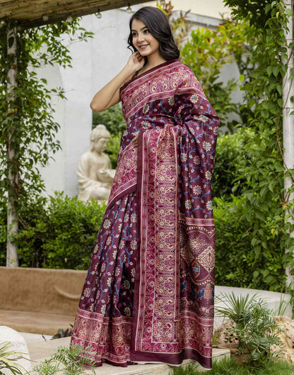 Dark Wine Silk Floral Printed Saree