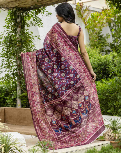 Dark Wine Silk Floral Printed Saree