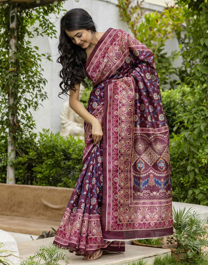 Dark Wine Silk Floral Printed Saree