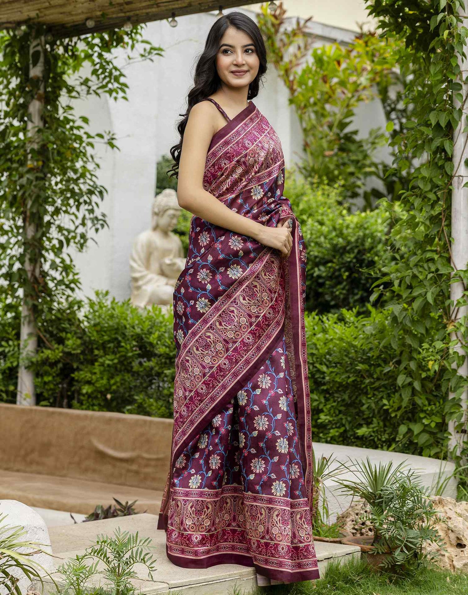 Dark Wine Silk Floral Printed Saree