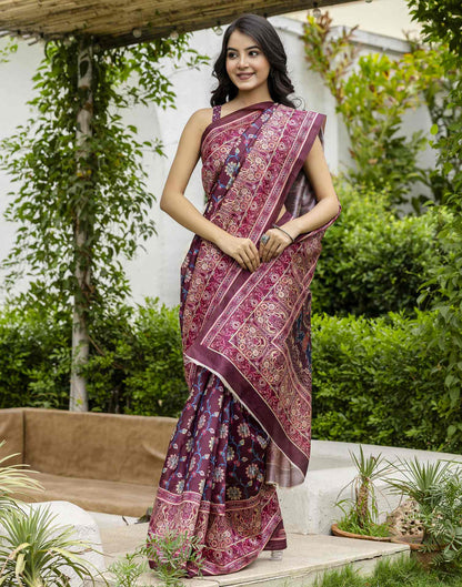 Dark Wine Silk Floral Printed Saree