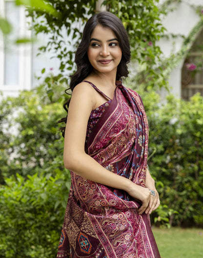 Dark Wine Silk Floral Printed Saree