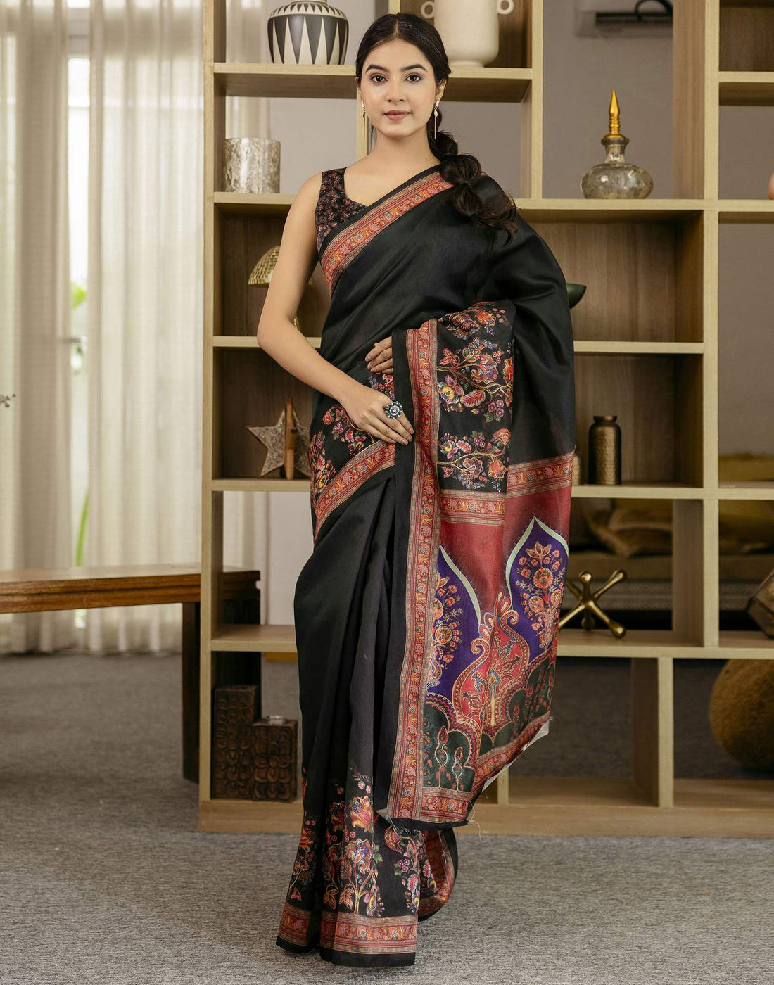 Black Silk Floral Printed Saree