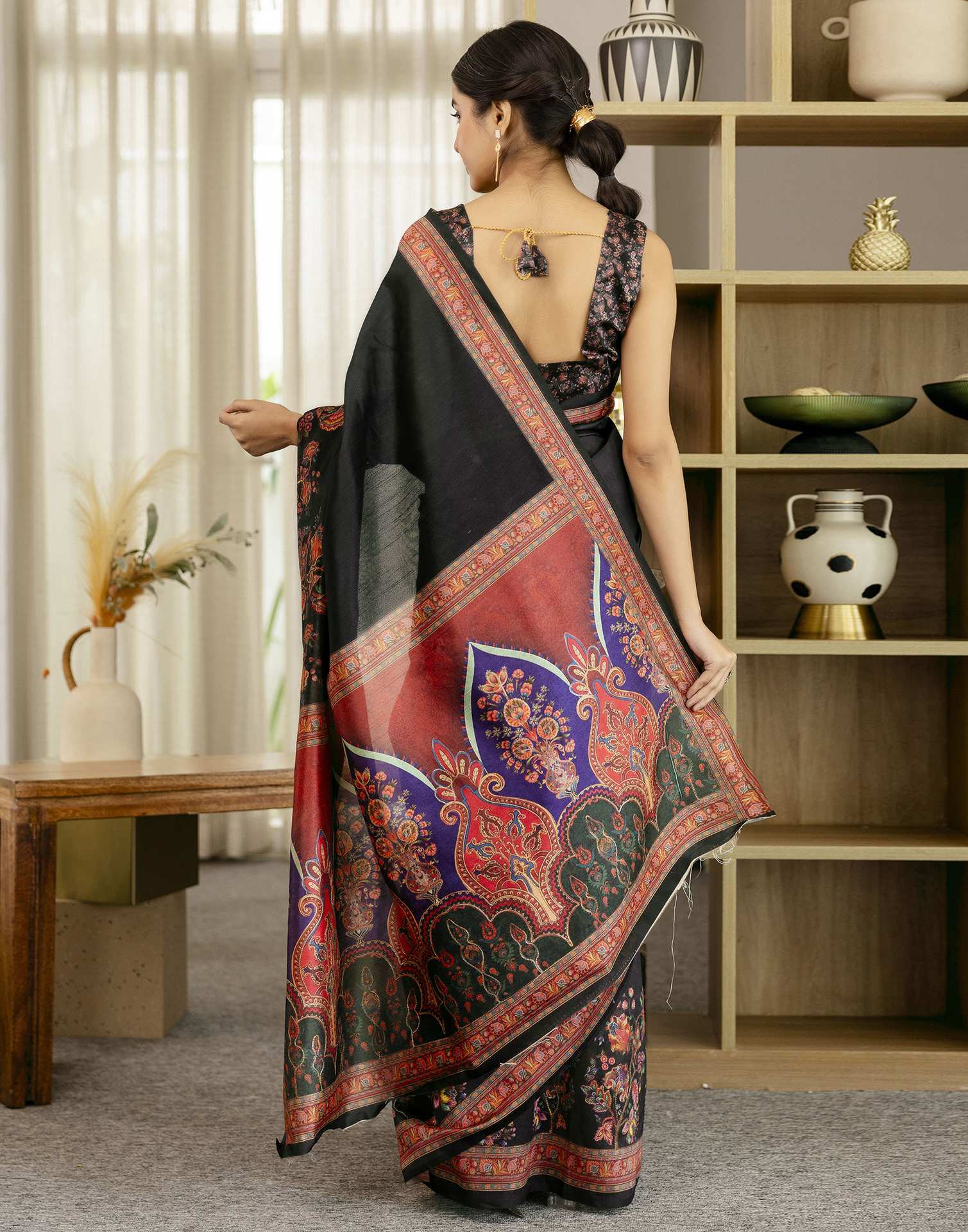 Black Silk Floral Printed Saree