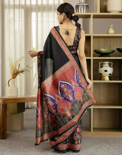 Black Silk Floral Printed Saree