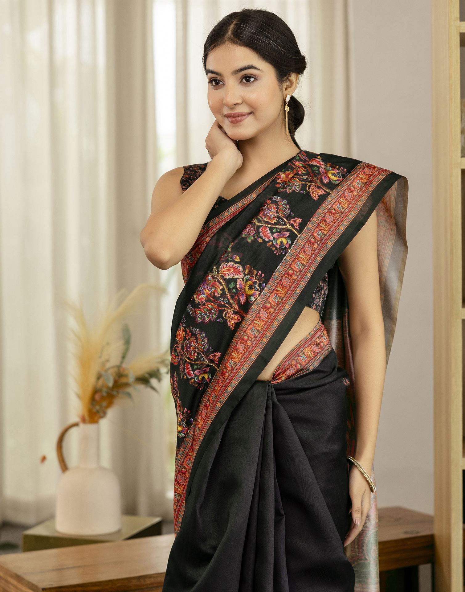 Black Silk Floral Printed Saree