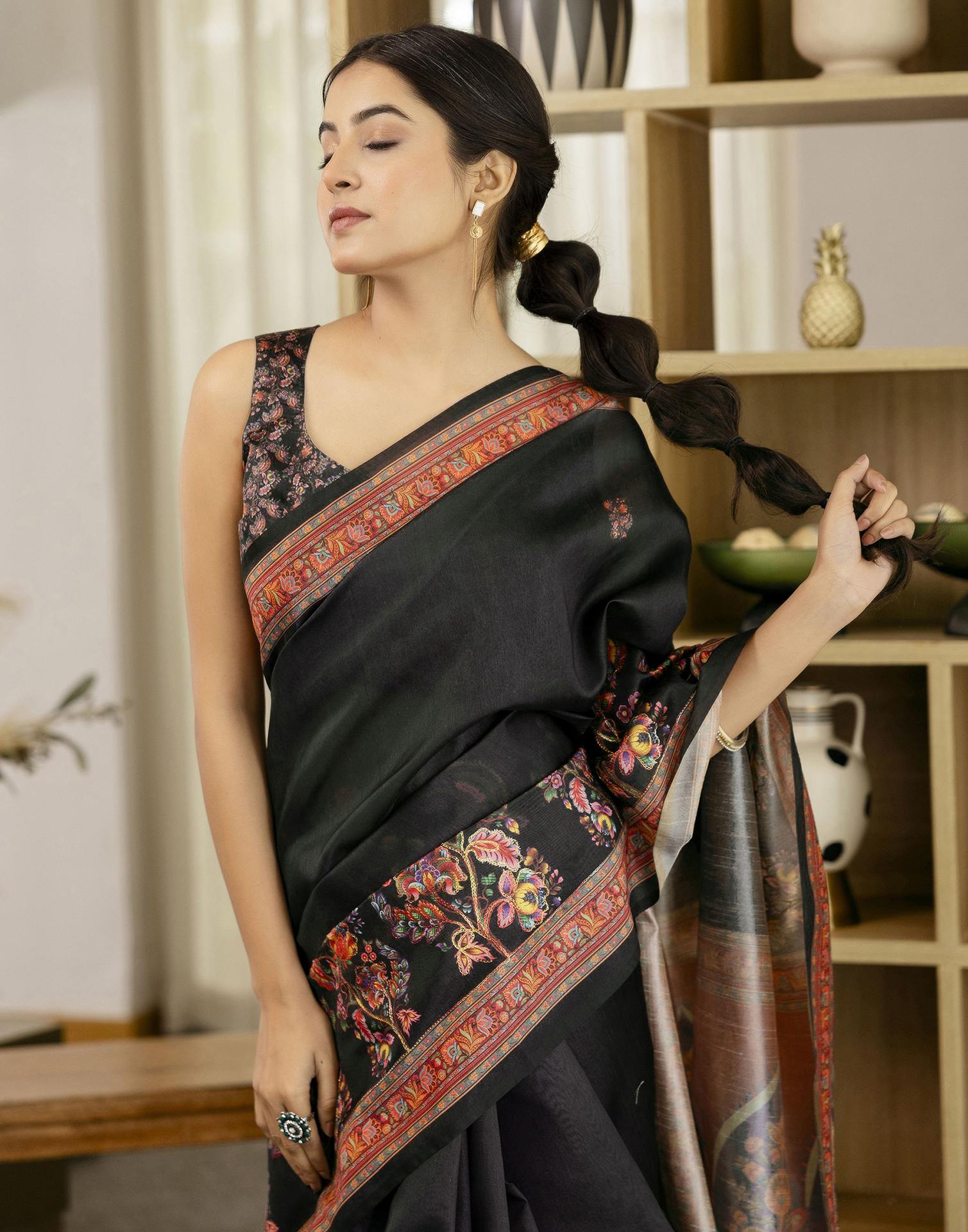 Black Silk Floral Printed Saree