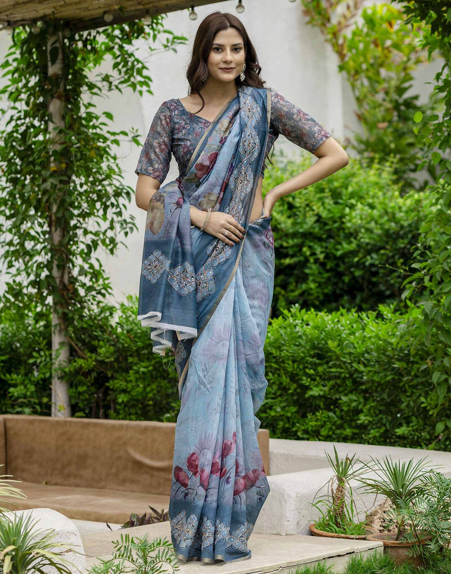 Rama Green Chanderi Floral Printed Saree