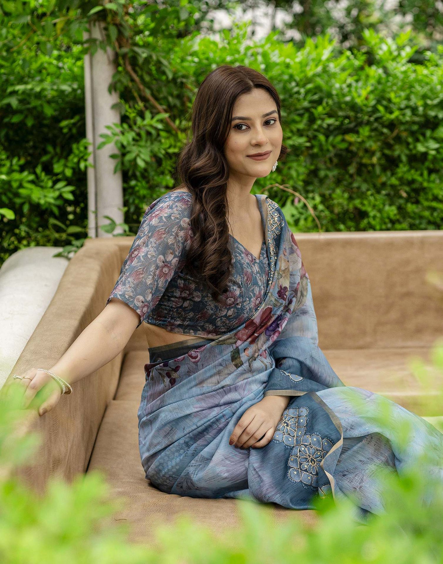 Rama Green Chanderi Floral Printed Saree