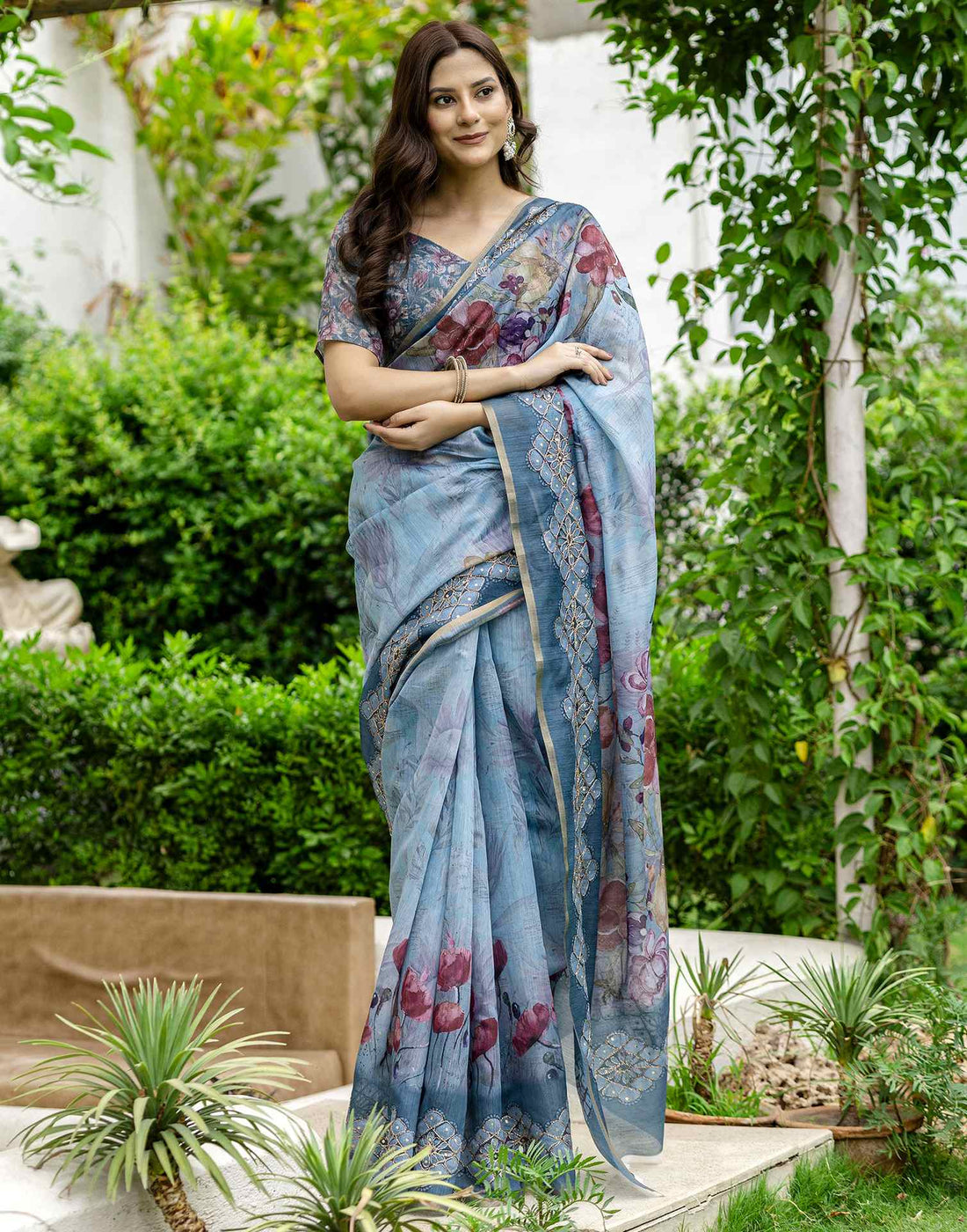 Rama Green Chanderi Floral Printed Saree
