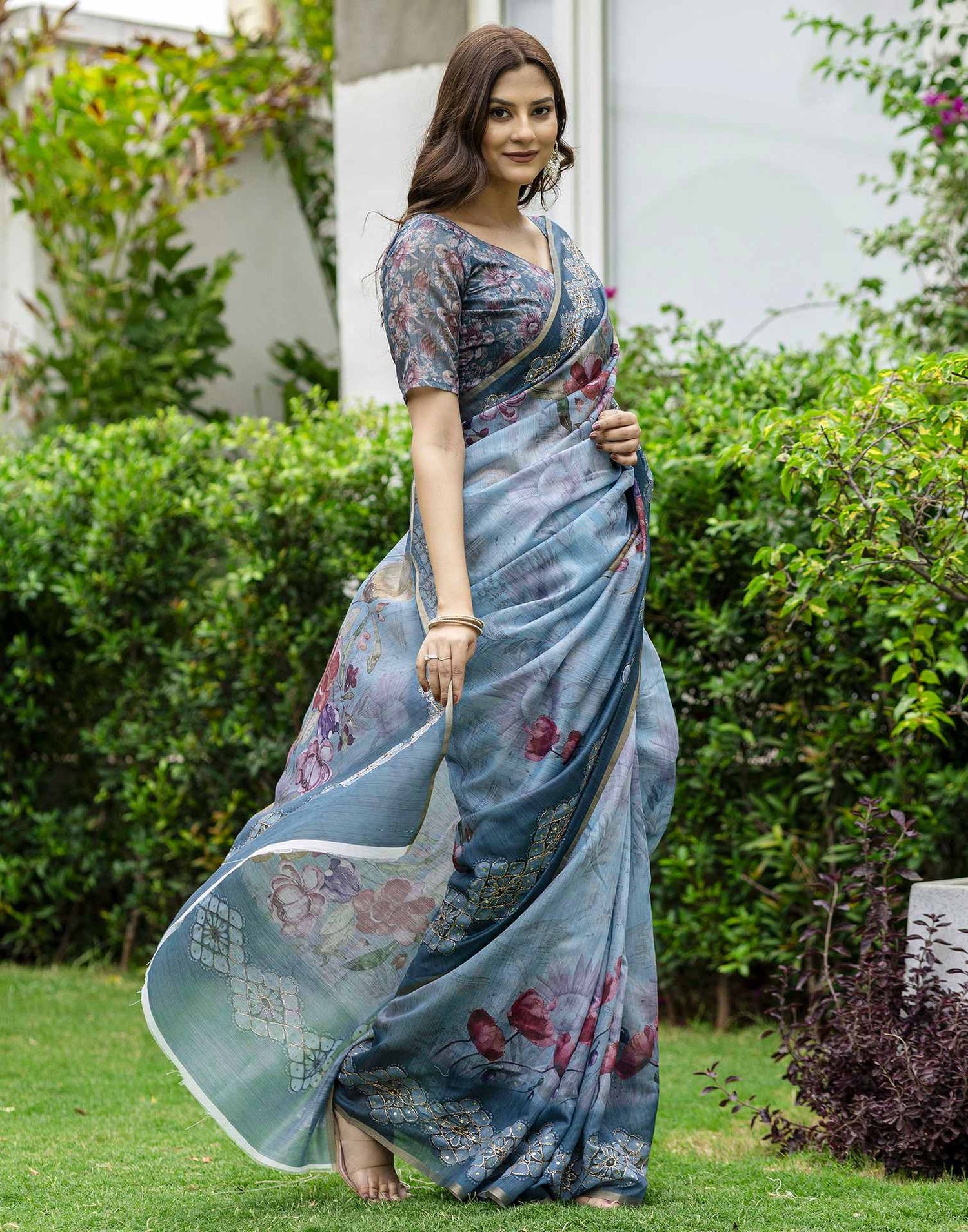 Rama Green Chanderi Floral Printed Saree