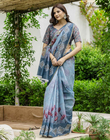 Rama Green Chanderi Floral Printed Saree