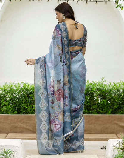 Rama Green Chanderi Floral Printed Saree