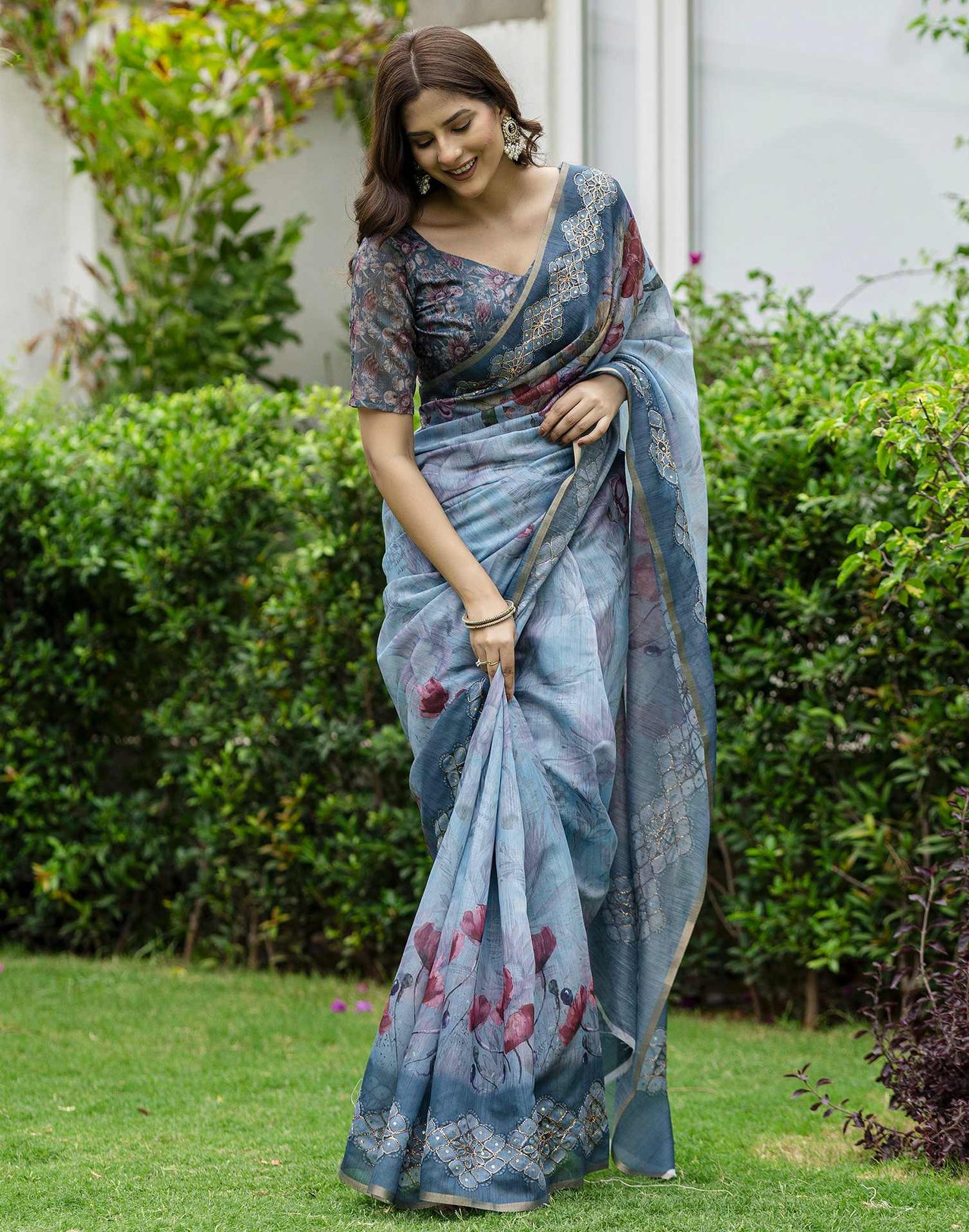 Rama Green Chanderi Floral Printed Saree