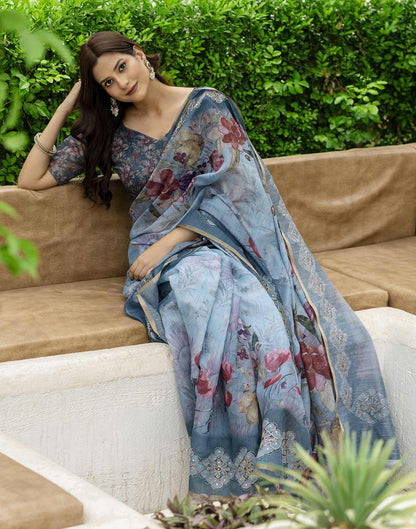 Rama Green Chanderi Floral Printed Saree