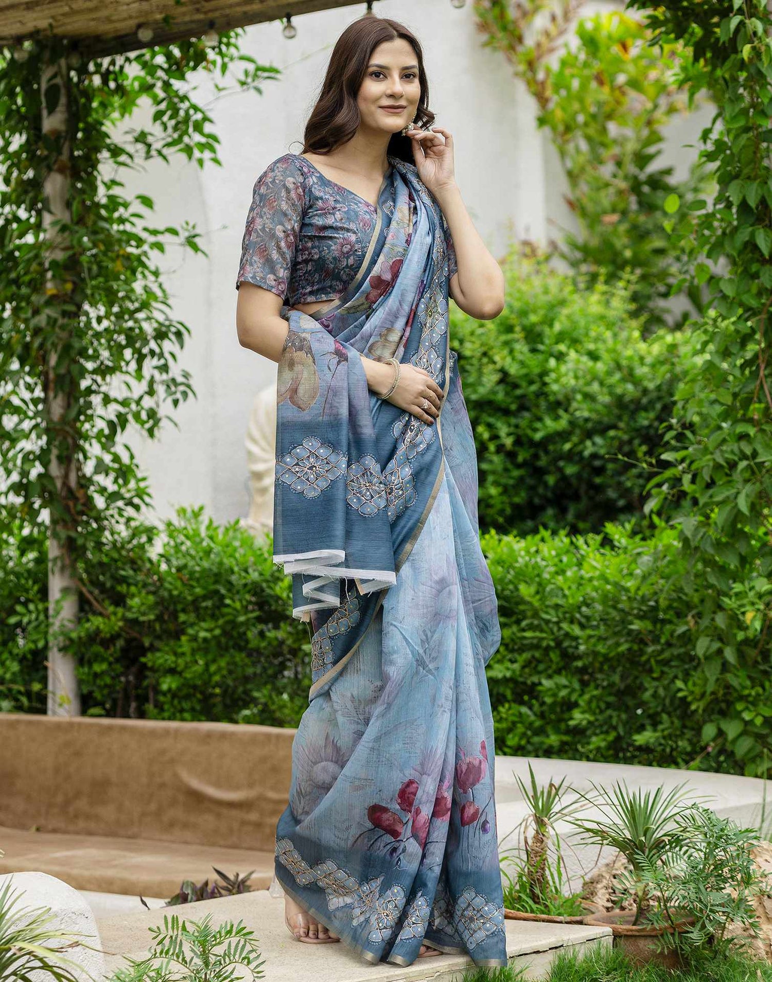 Rama Green Chanderi Floral Printed Saree