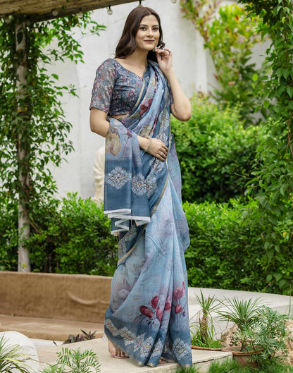 Rama Green Chanderi Floral Printed Saree