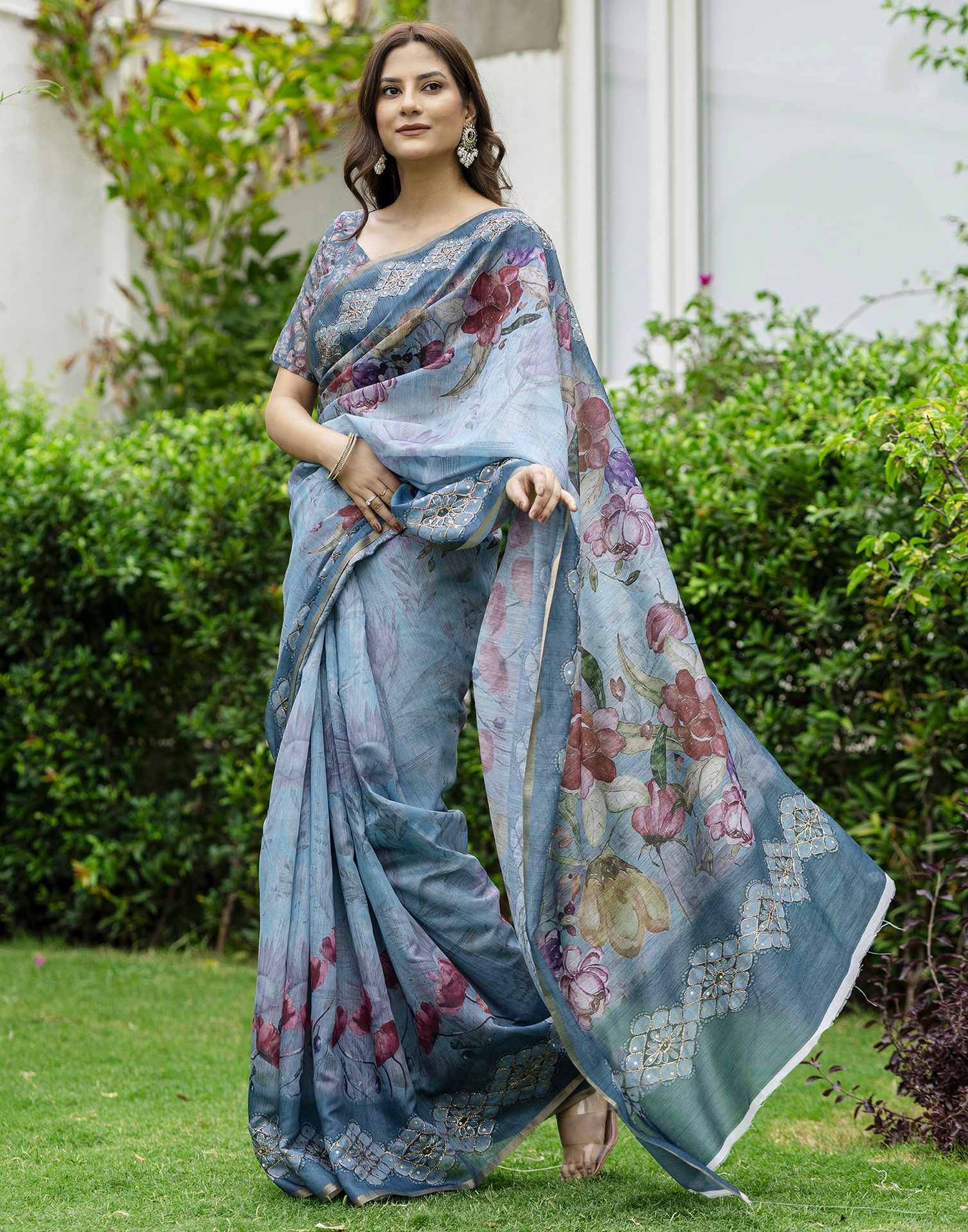Rama Green Chanderi Floral Printed Saree