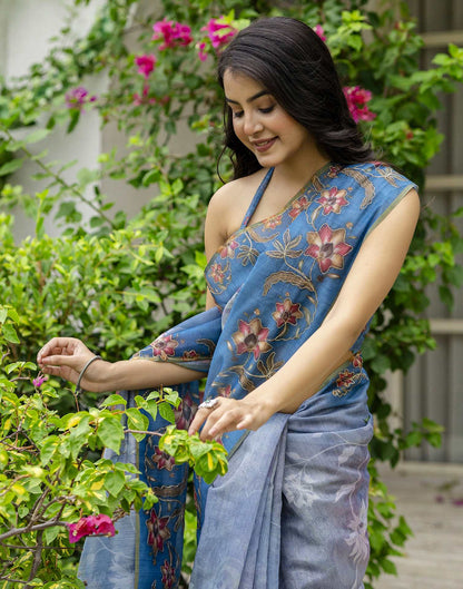 Blue Chanderi Floral Printed Saree
