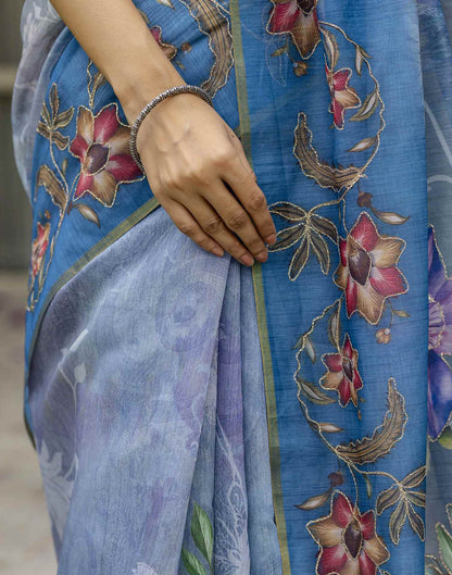 Blue Chanderi Floral Printed Saree