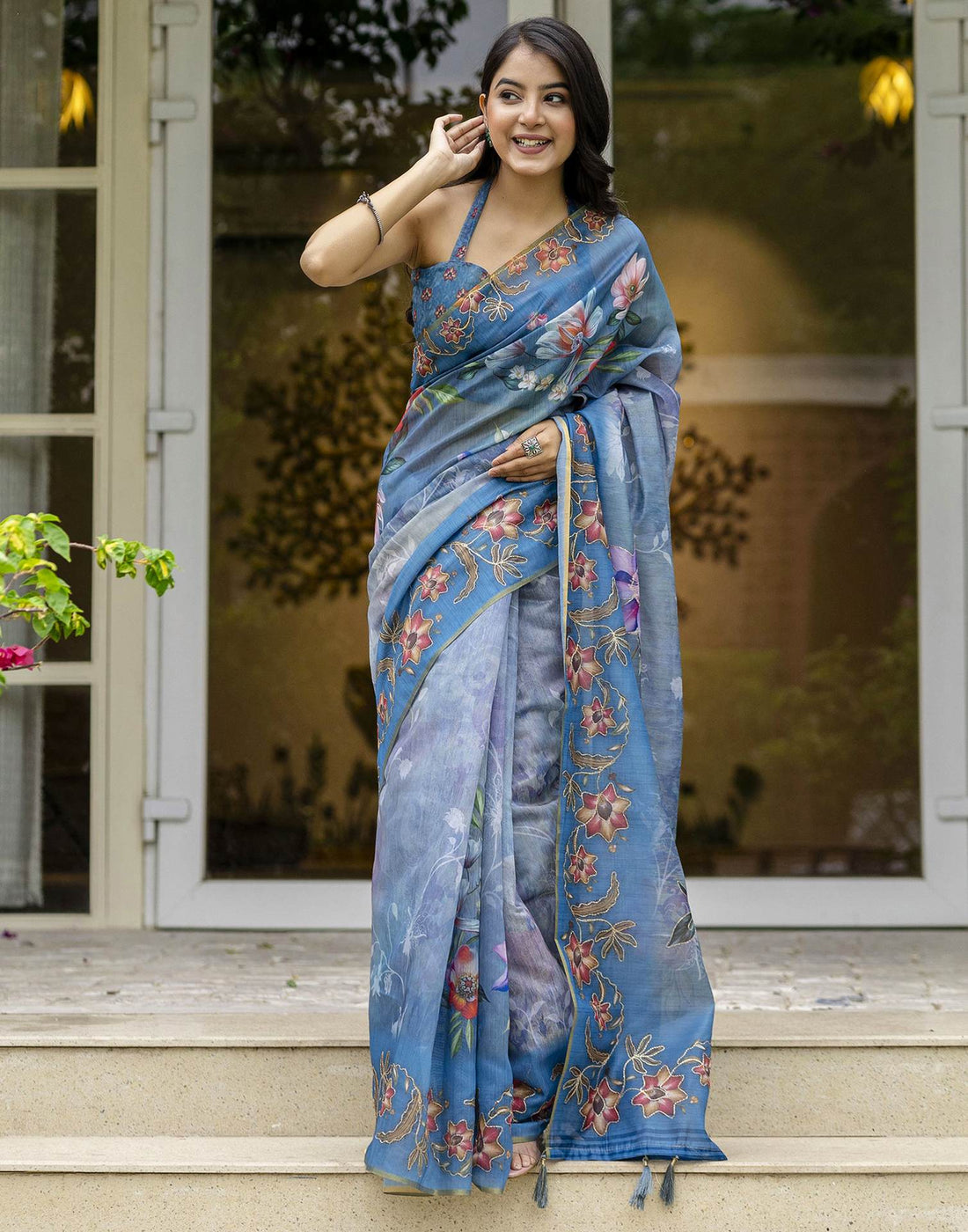 Blue Chanderi Floral Printed Saree