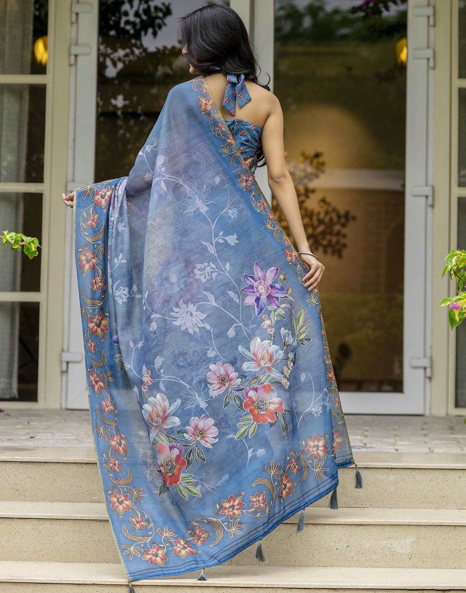 Blue Chanderi Floral Printed Saree
